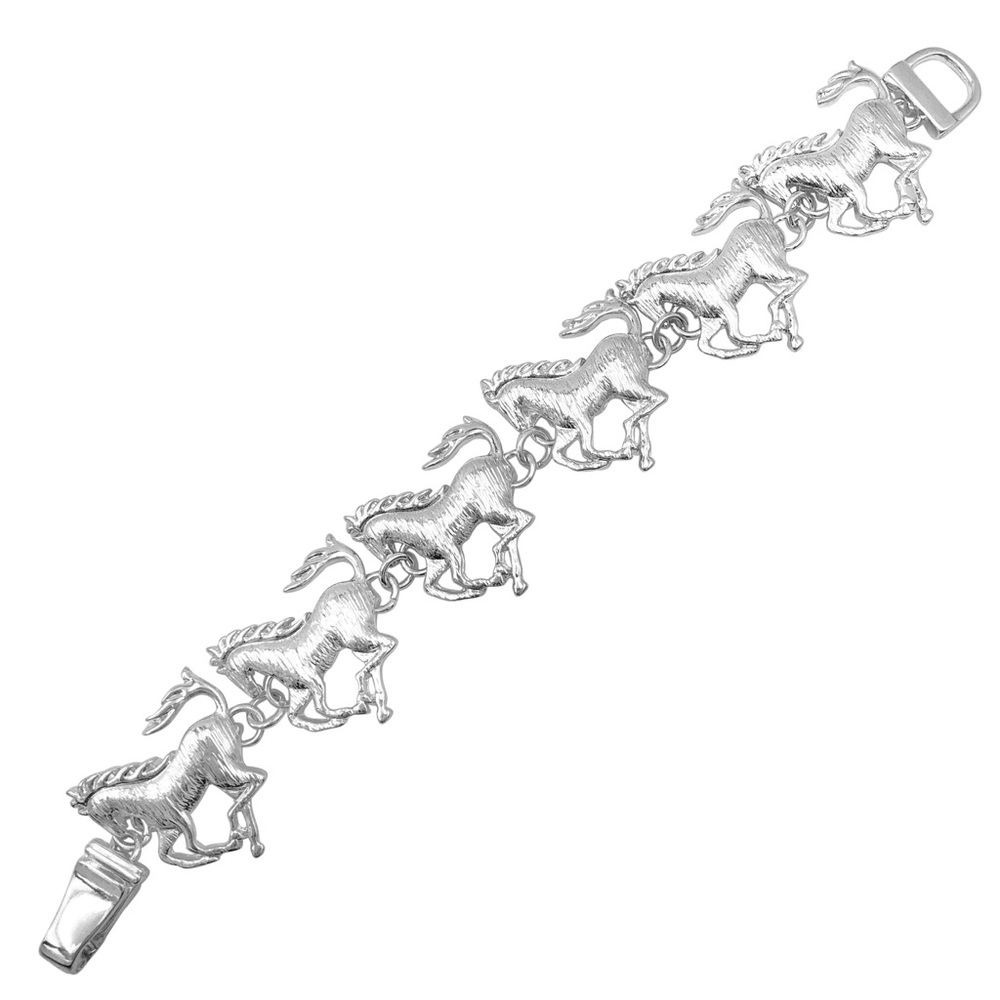 Horse Theme Silver Tone Brushed Look Magnetic Clasp Bracelet